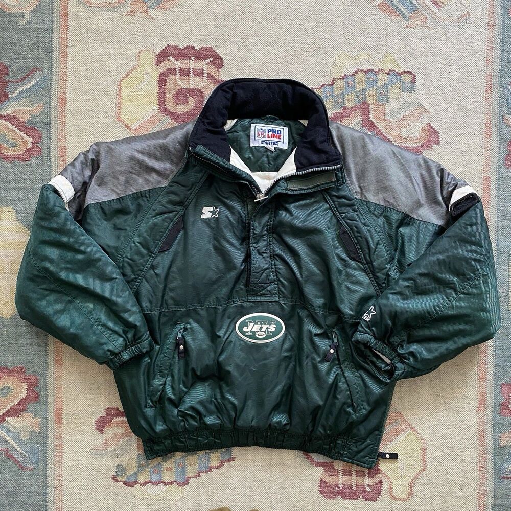 Vintage 90s Jets Starter Jacket Large Dark Green NFL New York Hood 1/4 Zip 1998